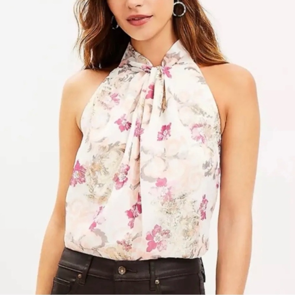 LOFT Shimmer Floral Twist Halter Top, Size M, Pink Floral